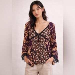 Free People Odette Floral Printed Tunic Top in Espresso Combo - Women's Small